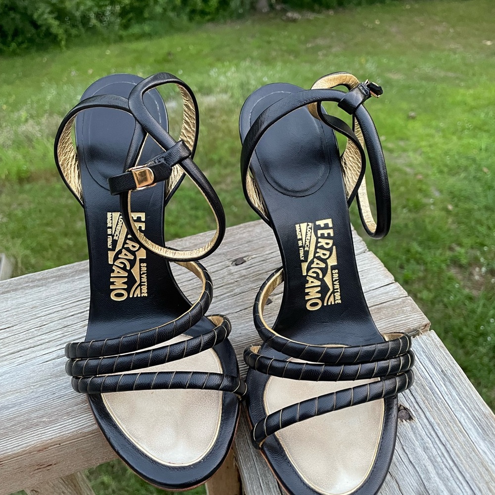 Salvatore Ferragamo Black and Gold Strappy Heels